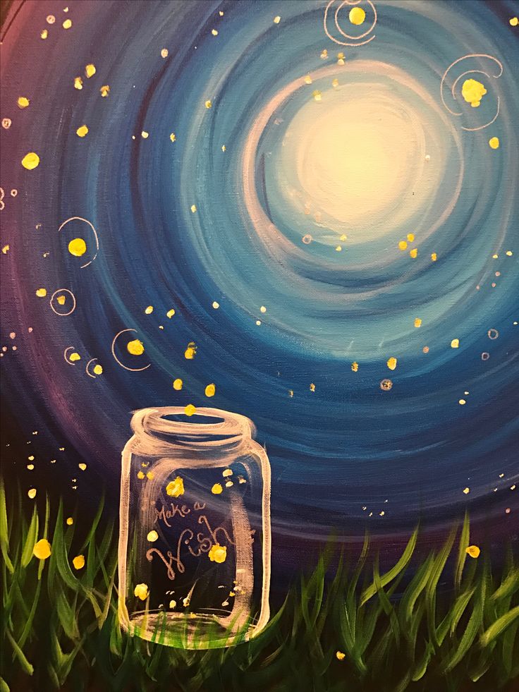 an acrylic painting of a mason jar in the grass under a night sky