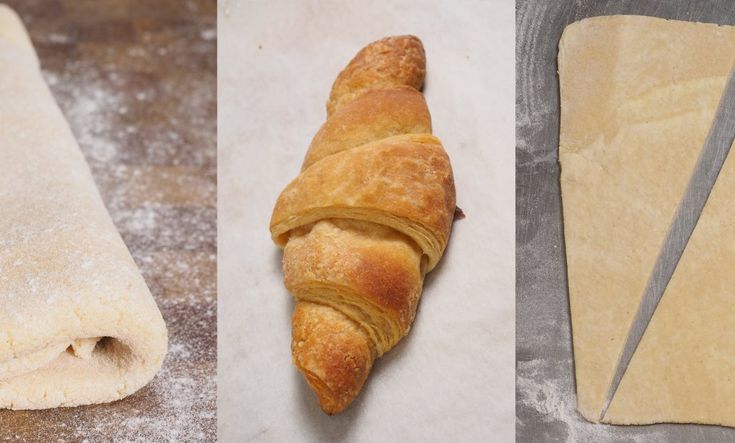 three different types of bread being made on the counter and then rolled up to be baked