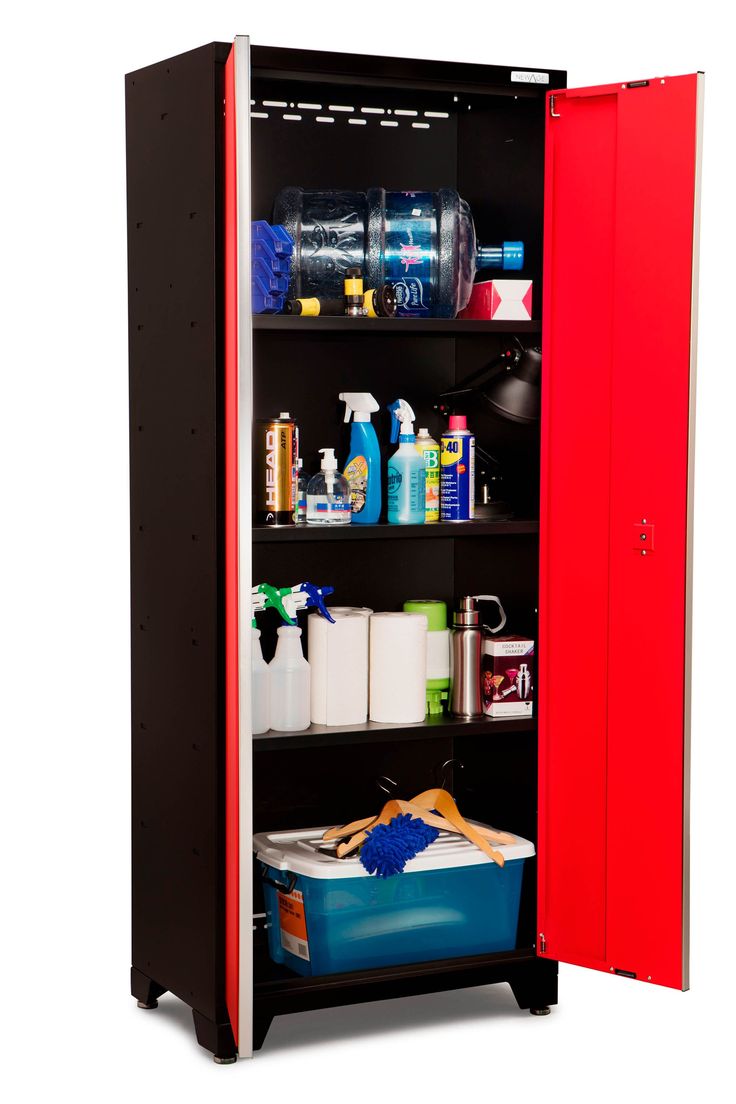 an open storage cabinet filled with cleaning products