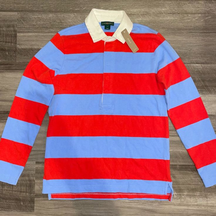 Jcrew Long Sleeve Striped Polo - Red And Blue - Nwt Red Color Block Long Sleeve Sweater, Red Color Block Long Sleeve Top, Blue Long Sleeve Preppy Tops, Preppy Blue Long Sleeve Tops, Preppy Multicolor Long Sleeve Tops, Cotton Poplin Top, Long Sleeve Floral Top, Street Fashion Men Streetwear, Lightweight Tops