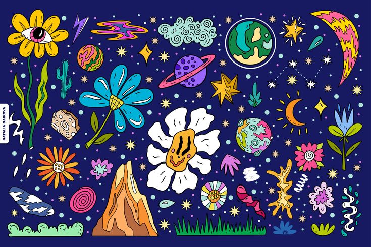 an image of a cartoon scene with flowers and stars in the night sky, on a blue background