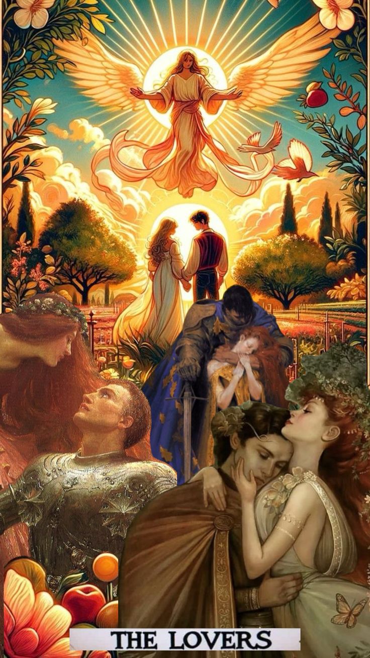 the lovers tarot card is shown with an angel and two other people in it