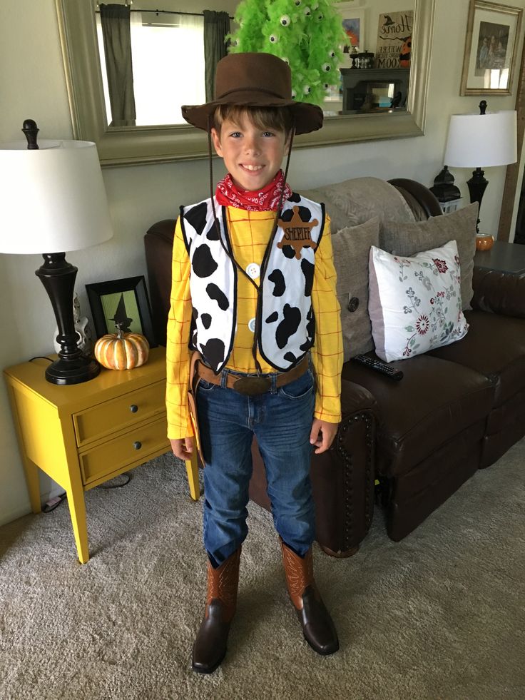 a young boy dressed up as a toy story book character wearing a cowboy hat and vest