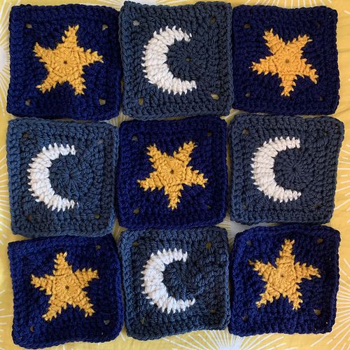 nine crocheted squares with stars and crescents on them