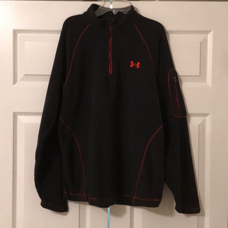 Under Armour Long Sleeve Black Lightweight Half-Zip Fleece Jacket With Red Trim. Under Armour Logo Across Back. Zip Pocket On Sleeve. Approx 28 Inches Long And Approx 24 Inches From Armpit To Armpit. Very Soft. Never Worn Nwot Black Long Sleeve Track Jacket For Outdoor Activities, Black Track Jacket For Outdoor Activities, Black Under Armour Outerwear For Fall, Fall Track Jacket For Outdoor Activities, Casual Long Sleeve Track Jacket For Hiking, Fall Outdoor Long Sleeve Track Jacket, Functional Long Sleeve Fleece Jacket For Fall, Black Long Sleeve Track Jacket For Cold Weather, Black Long Sleeve Fleece Jacket For Outdoor Activities