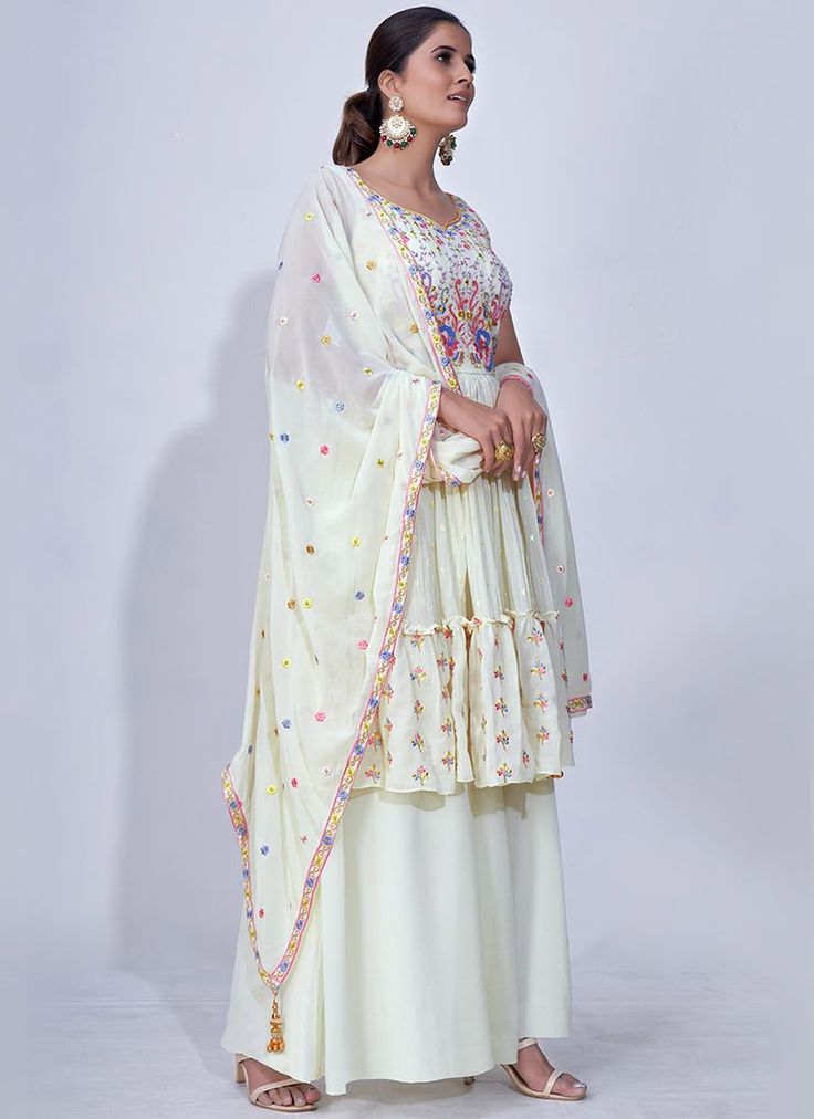 Shop Latest Bridesmaids Outfit - HATKAY Indian Dresses Online, Indian Designer Suits, Stylish Heels, Palazzo Suit, White Mirror, Bridesmaid Outfit, Blue Embroidery, Chiffon Material, Thread Embroidery