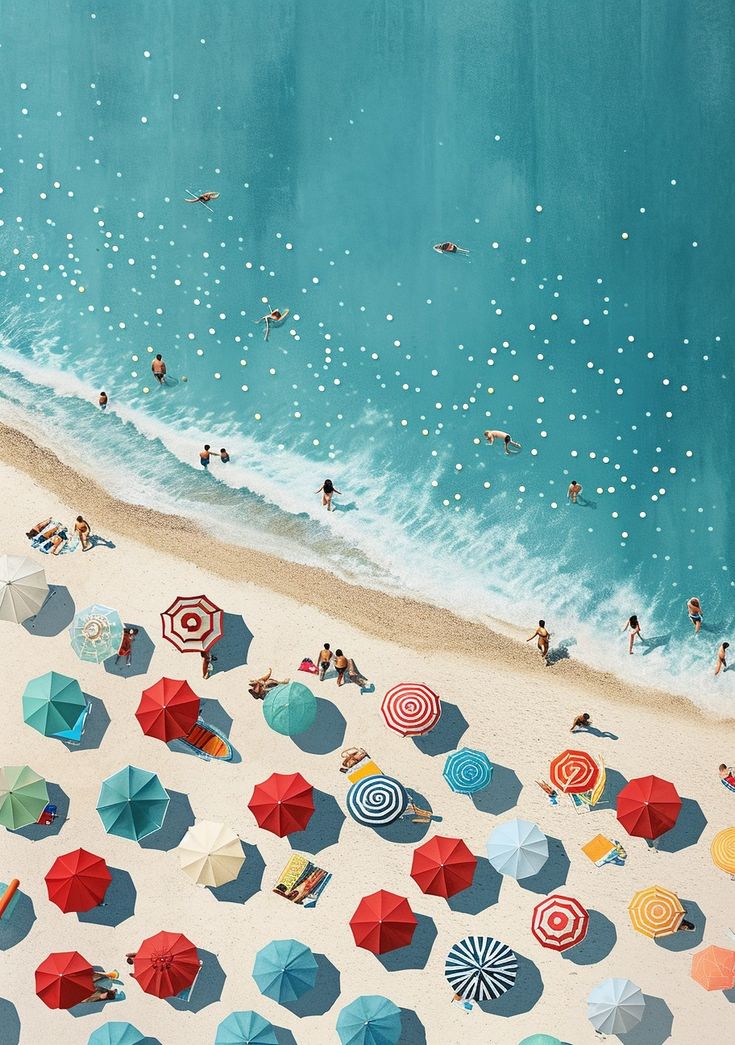 an aerial view of people on the beach with umbrellas and swimmers in the water