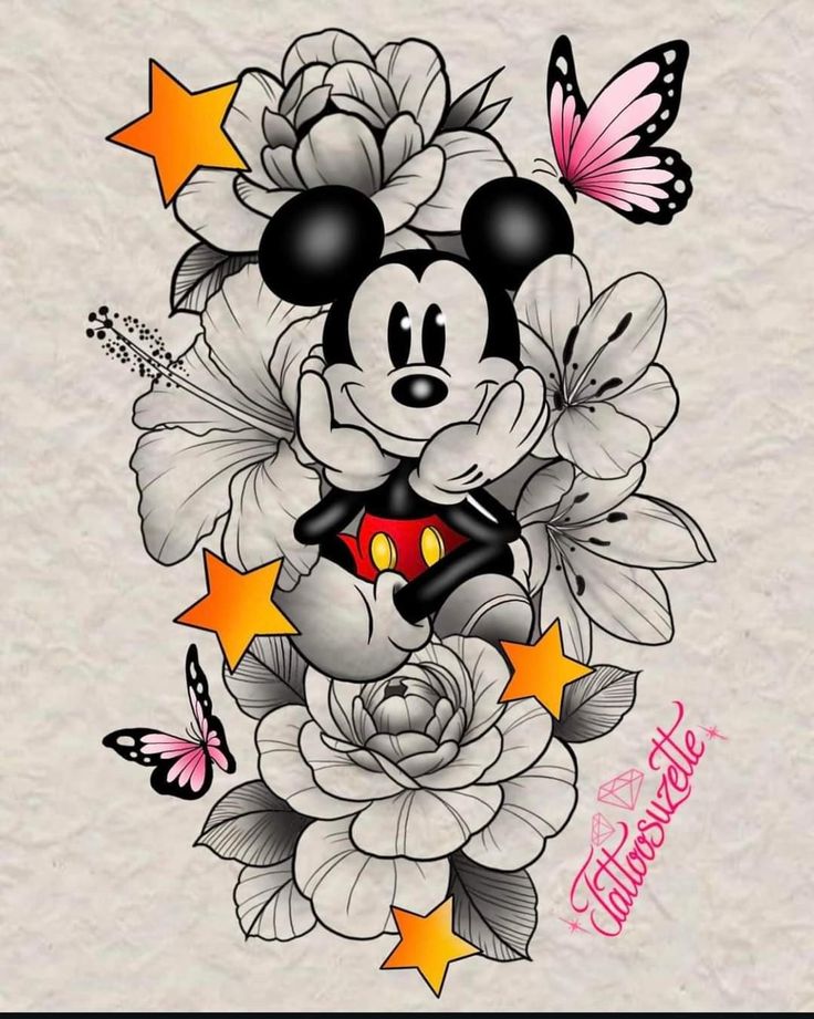 mickey mouse with flowers and butterflies on the back of it's head, surrounded by stars