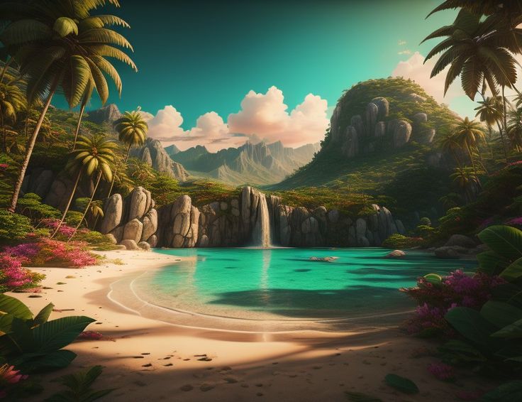 a painting of a tropical beach with waterfall and palm trees