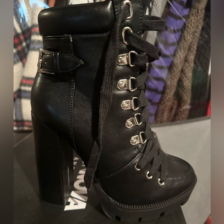 Tie Up Black Boots, Size 6, Never Worn, In Original Box Edgy Lace-up Boots With Round Toe For Night Out, Edgy Faux Leather Lace-up Boots With Round Toe, Black Faux Leather Platform Boots For Concert, Black High Heel Punk Combat Boots, Black Faux Leather Boots For Concerts, Punk Style Black High Heel Combat Boots, High Heel Faux Leather Boots For Concert, Faux Leather High Heel Boots For Concert, Black Punk Faux Leather Lace-up Boots