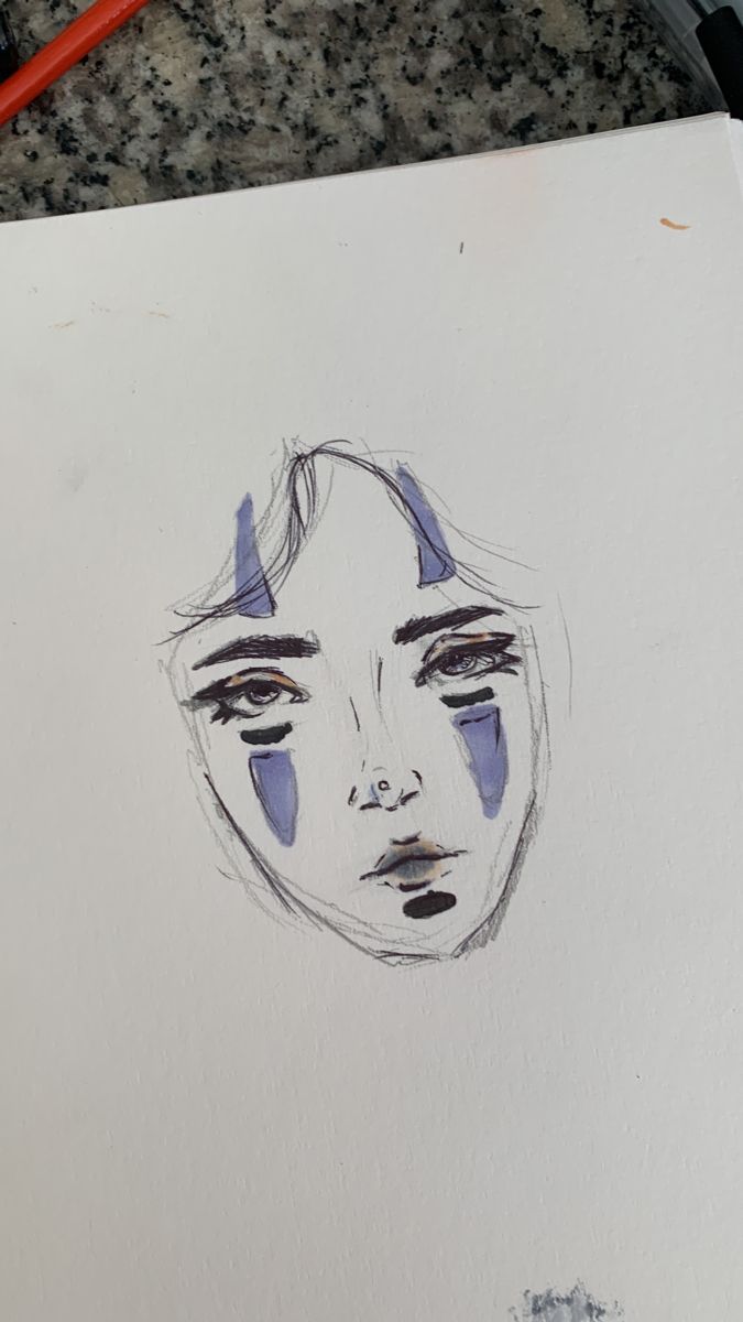 a drawing of a woman's face with blue eyes and nose piercings on paper