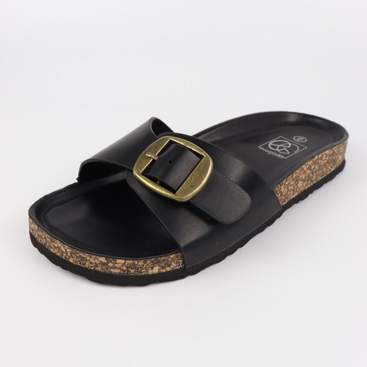 Single band footbed slide sandal with an adjustable buckle. Medium width. True to size. Casual Slide Slippers With Buckle Closure, Adjustable Strap Slip-on Footbed Sandals For Vacation, Synthetic Open Toe Slippers With Buckle Closure, Synthetic Slide Slippers With Buckle Closure, Comfortable Slide Flip Flops With Buckle, Comfortable Slide Flip Flops With Buckle Closure, Beach Slip-on Footbed Sandals With Buckle Closure, Beach Buckle Closure Slip-on Footbed Sandals, Comfortable Buckle Closure Open Toe Flip Flops