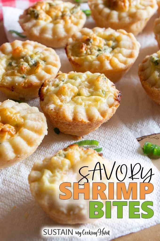 several small food items sitting on top of a white paper towel with the words savory shrimp bites