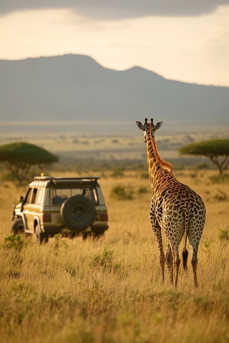 a giraffe standing in the middle of a field next to a car with mountains in the background