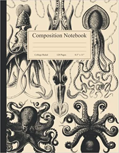 the composition notebook with an octopus, squid and other sea creatures in black and white