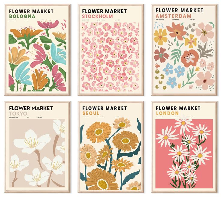 PRICES MAY VARY. High-Quality Canvas Flower Market Wall Art Set：Each Flower Market Posters & Prints is made of ultra quality waterproof canvas and fade-resistant inks to make sure it lasts. The elegant floral prints are the perfect minimalist wall room decor for your bedroom, study, living room, office, dormitory, hallway etc. Perfect Aesthetic Room Decor Idea：The size of these aesthetic bedroom posters set are 8x10inchx6pcs. Our flower picture wall decor is also a botanical art. Hang it on your Flower Market Posters, Vintage Floral Wall Decor, Flower Market Prints, Gallery Wall Art Prints, 달력 디자인, Pastel Room Decor, Market Poster, Retro Artwork, Flower Market Poster