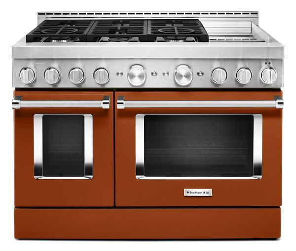 an orange oven with two burners and one door open to show the same item