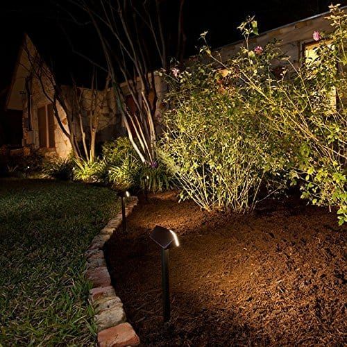 a garden at night with lights shining on the ground and bushes in the foreground