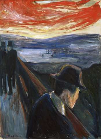 an oil painting of a man looking out at the ocean with a ship in the distance