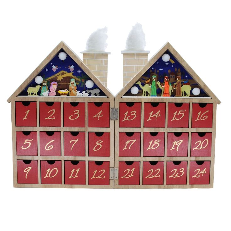 a wooden calendar with christmas scenes on it