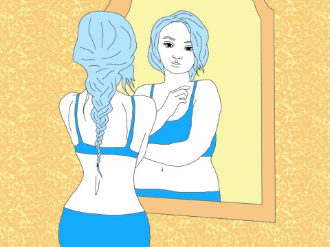 a drawing of a woman looking in the mirror with her hair pulled back and wearing a blue tank top