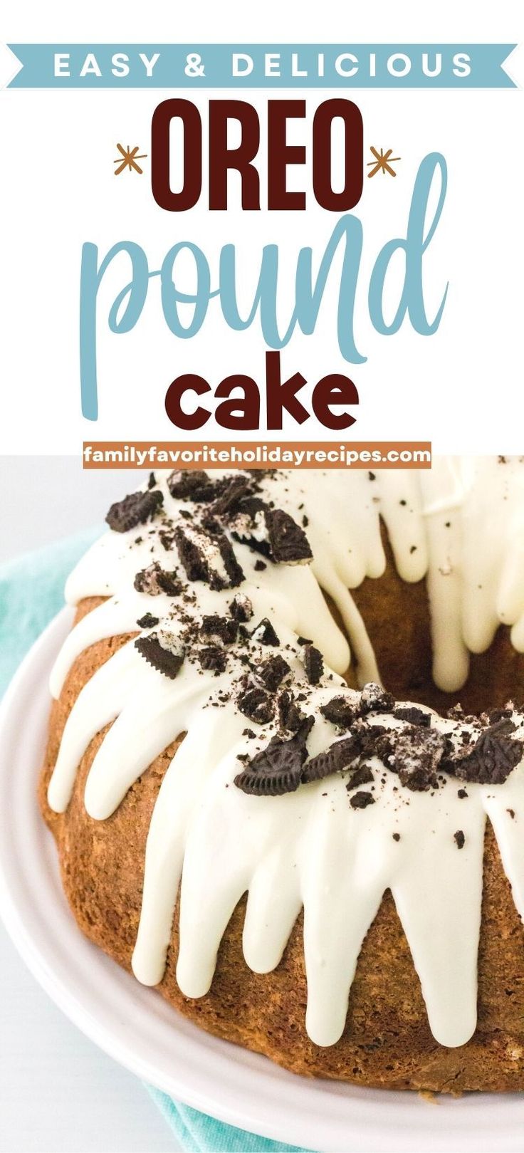 an oreo pound cake with white icing and chocolate chips on top, sitting on a plate