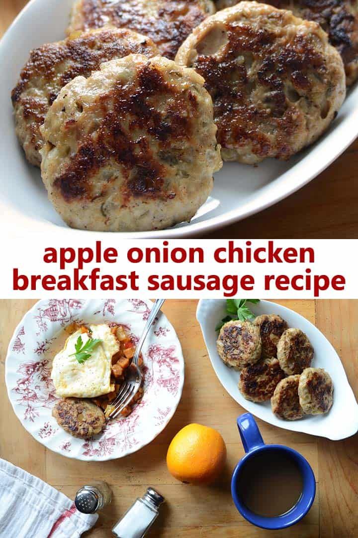 an image of some food that is on a plate and the words apple onion chicken breakfast sausage recipe