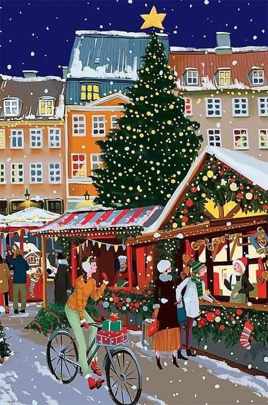 a painting of people on bicycles in front of a christmas tree with lights and decorations