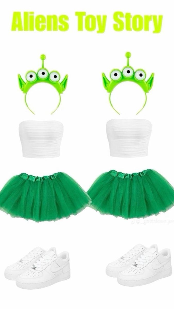 the alien toy story tutu skirt and headbands are shown in three different styles