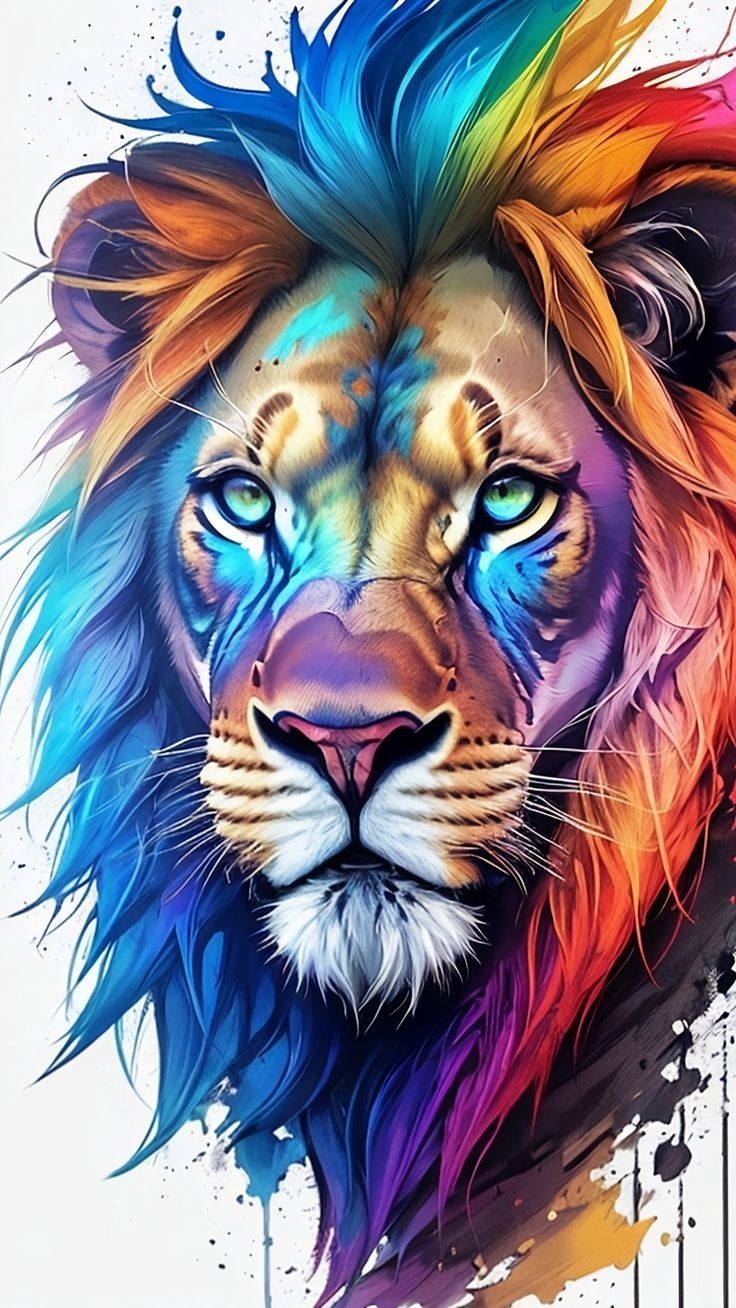 a colorful lion's face with blue, yellow, and red hair on it