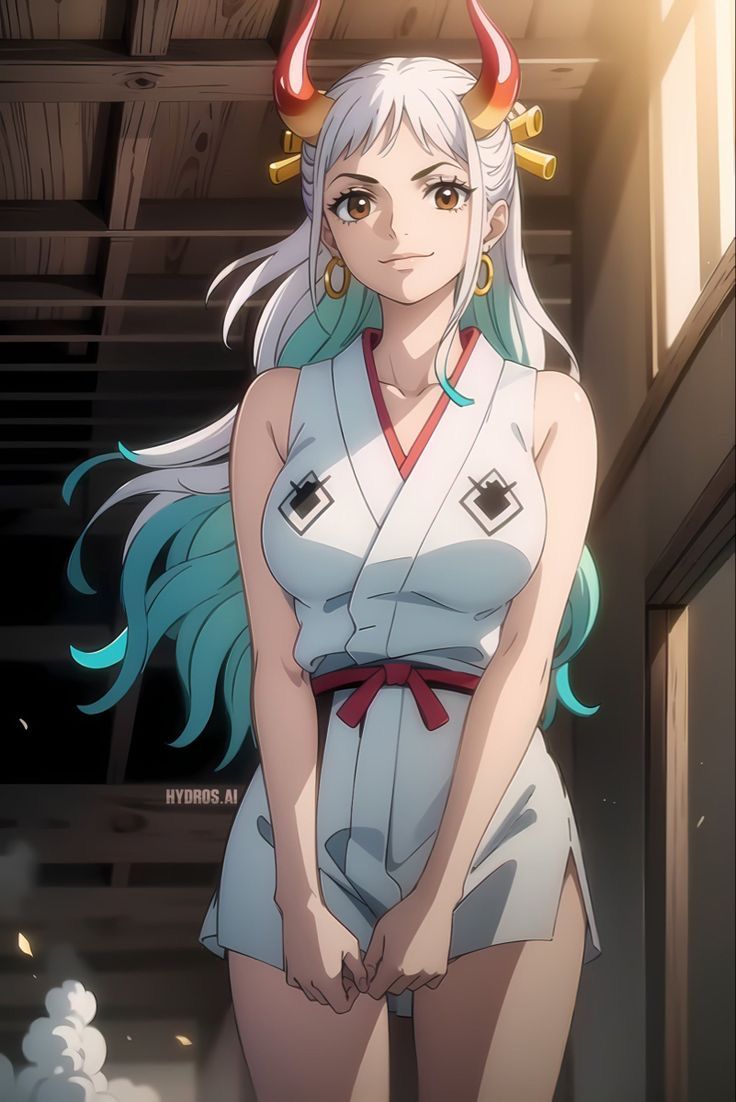 an anime character with long white hair and horns on her head standing in front of a building