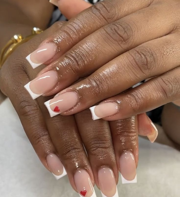 Nail Designs For Short Nails Valentines, Valentines Nails Natural Nail, Simple Short Valentines Nails, Valentines French Tips, Short Acrylic French Tip Nails, Early Spring Nails, March Nails Ideas, Fun Nail Designs, Nails March