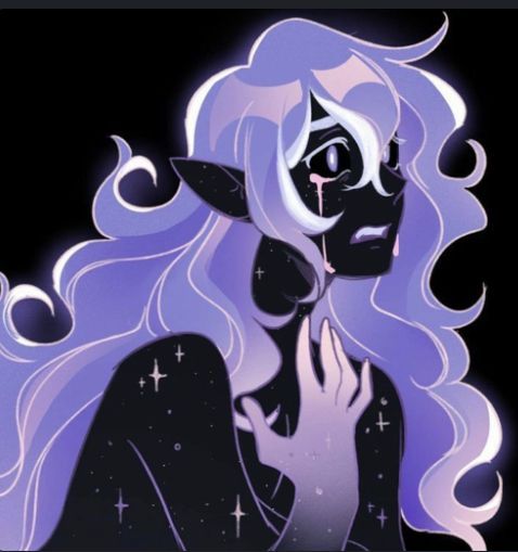 a drawing of a woman with purple hair and stars on her face, holding her hands to her chest