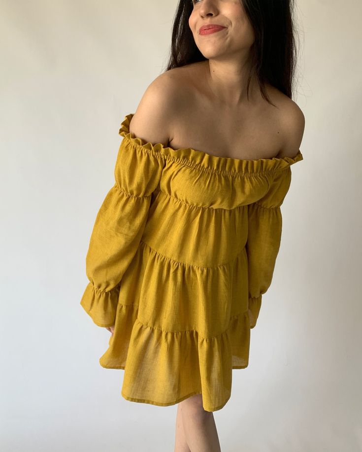 This dress has a soft linen feel + it's mustard yellow with a cute frill! What more can one ask for? We imagine a long day at the flea market in this cosy, cute dress! Details: - Cotton - Dry Clean or Cold Hand Wash Separately Size & Fit: - Runs true to size - Model is wearing size S Yellow Off Shoulder Dress, Mustard V-neck Flowy Dress, Casual Yellow Off-shoulder Mini Dress, H&m Yellow Beach Dress, Yellow V-neck Mini Dress With Ruffle Hem, Urban Outfitters Yellow V-neck Dress, Mustard Yellow, Dress Details, Off Shoulder Blouse