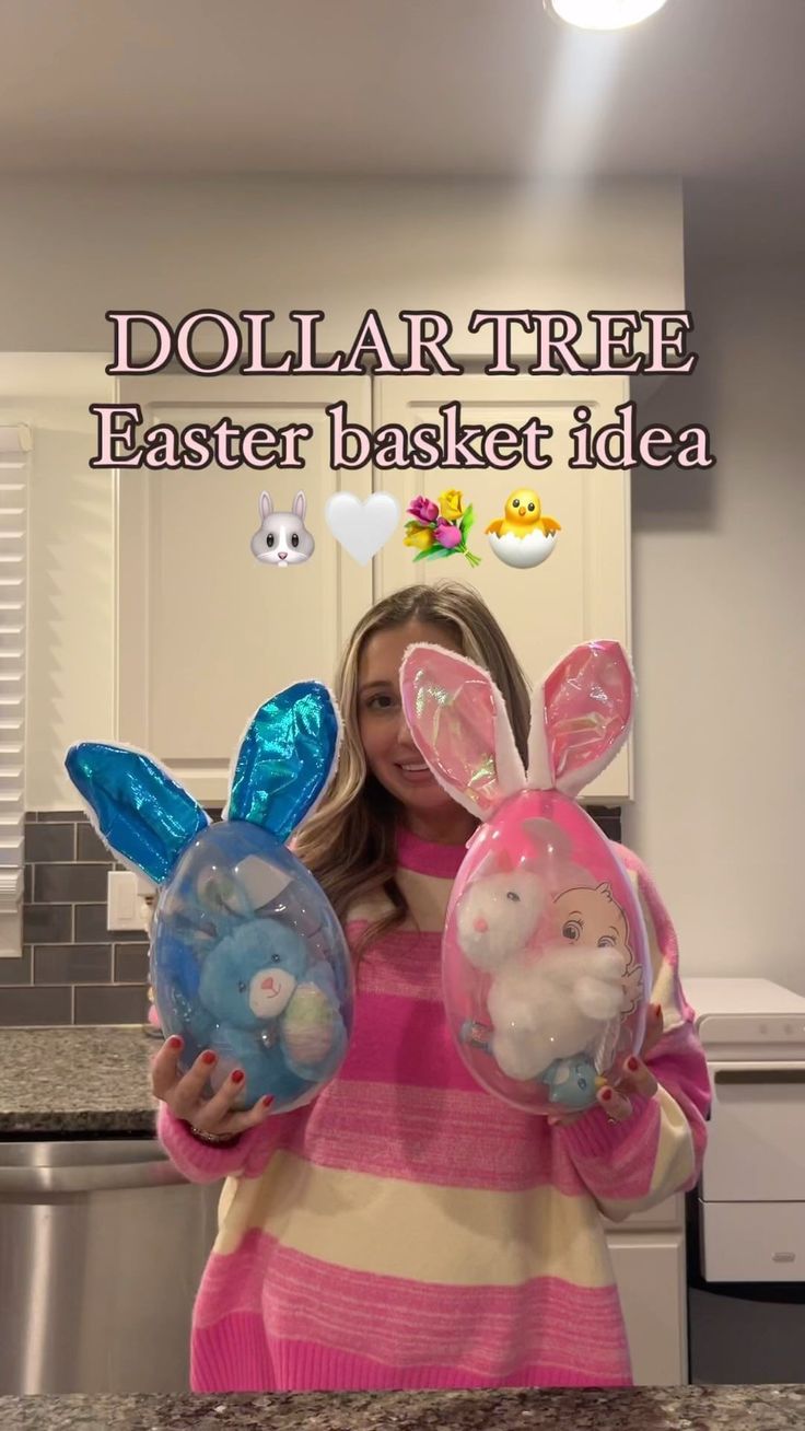 a woman holding two inflatable easter baskets with bunny ears on them and the words dollar tree easter basket idea above her