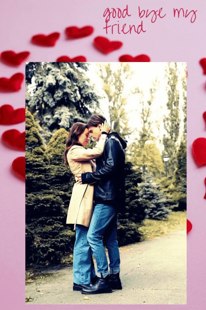 a man and woman standing next to each other with hearts on the ground in front of them