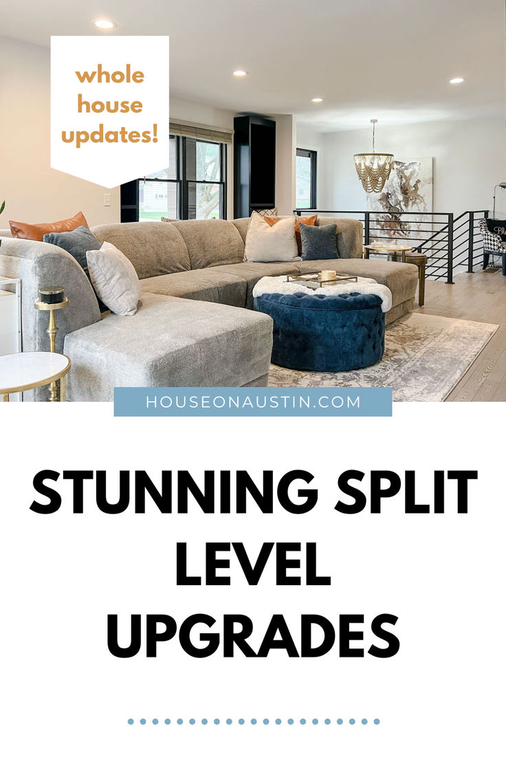 a living room filled with furniture and text that reads, stunning split level upgrades