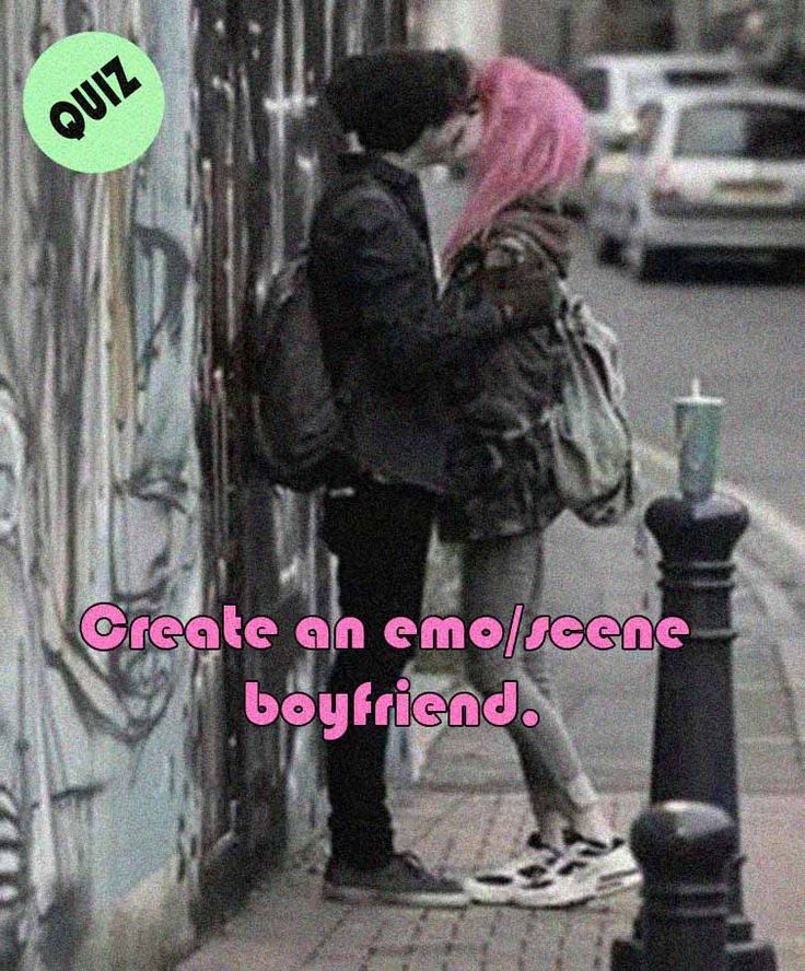 a man and woman kissing in front of a graffiti covered wall with the words create an emo / vegan boyfriend