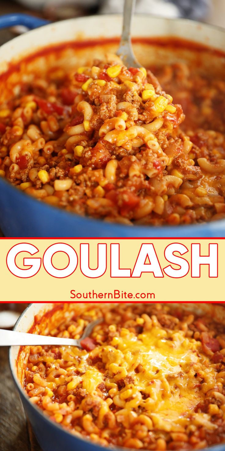 two pictures showing different types of chili and beans in a blue pot with the words goulash above it