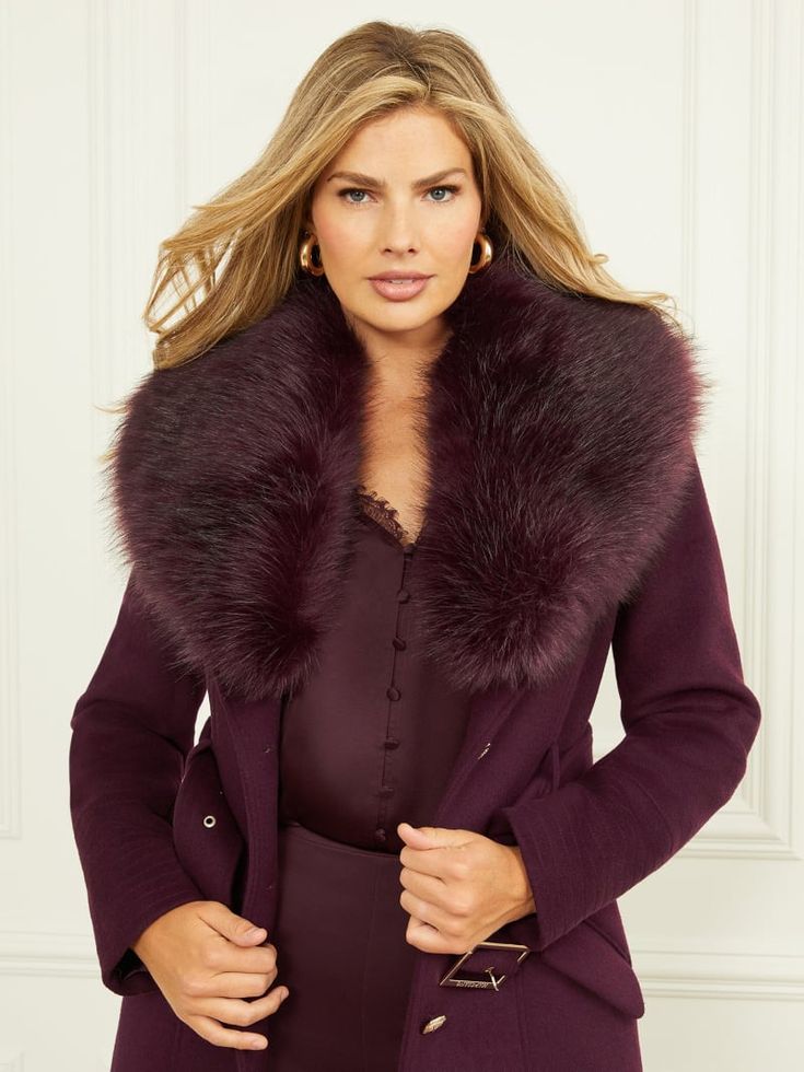 Loreta Wool-Blend Coat | Marciano US Elegant Fall Fur Coat With Faux Fur Trim, Elegant Fur Coat With Faux Fur Trim For Fall, Formal Faux Fur Outerwear With Fur Trim, Chic Outerwear With Faux Fur Trim And Lapel Collar, Chic Fur Coat With Padded Collar, Elegant Faux Fur Outerwear With Feather Trim, Elegant Wool Fur Coat With Faux Fur Lining, Winter Workwear Outerwear With Feather Trim, Formal Outerwear With Faux Fur Trim