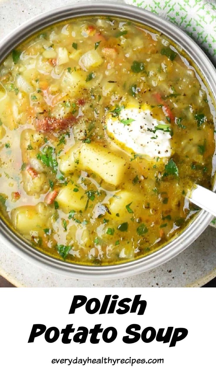 a bowl filled with potato soup on top of a table