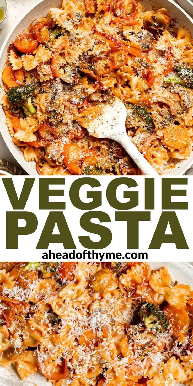 two images showing different types of veggie pasta and the same image with text overlay