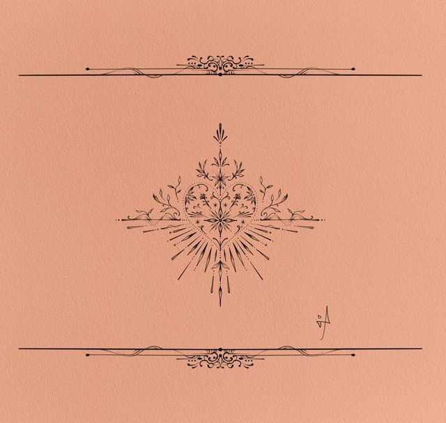 an ornate design on a pink paper with black lines in the center and bottom corner