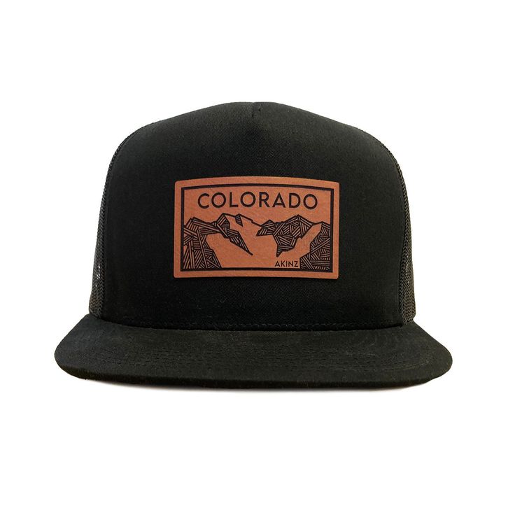 Colorado Elevation mountains faux leather patch in rawhide. Available in silver gray or black. Flat bill cotton twill front. Mesh back with adjustable snapback Outdoor Snapback Fitted Hat With Logo Patch, Outdoor Fitted Snapback Hat With Logo Patch, Outdoor Flat Bill Hat With Logo Patch, Fitted Snapback Hat With Logo Patch For Outdoor, Flat Bill Hats With Logo Patch For Outdoor, Outdoor Snapback Baseball Cap With Embroidered Patch, Outdoor Snapback Hat With Embroidered Patch, Outdoor Snapback Cap With Embroidered Patch, Outdoor Snapback Hat With Curved Brim And Embroidered Patch