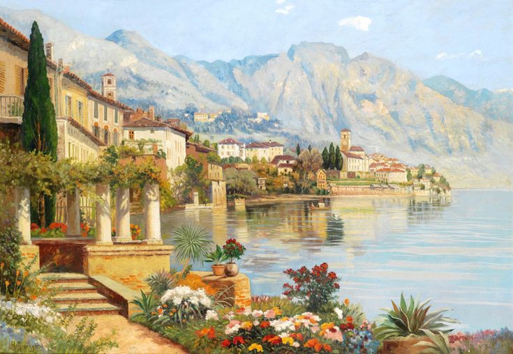 a painting of a lake with houses and flowers in the foreground, and mountains in the background