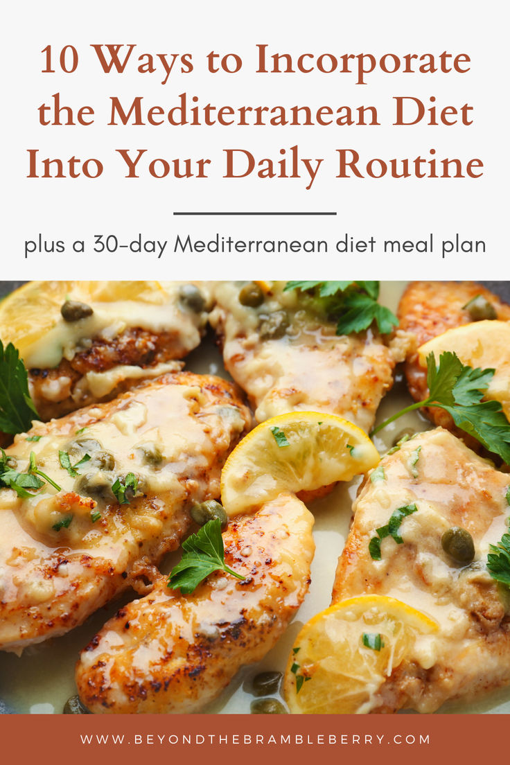 lemon chicken with text overlay that reads 10 ways to incorporating the mediterranean diet into your daily routine