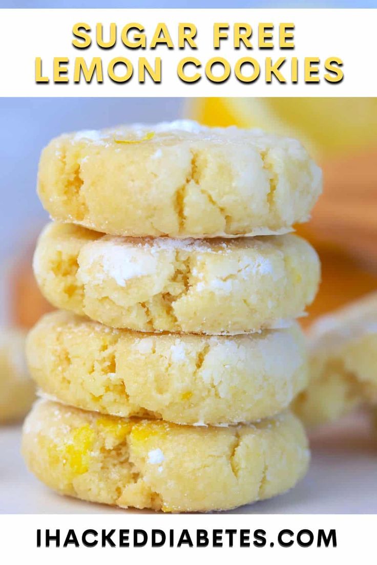 lemon cookies stacked on top of each other with the words, sugar free lemon cookies