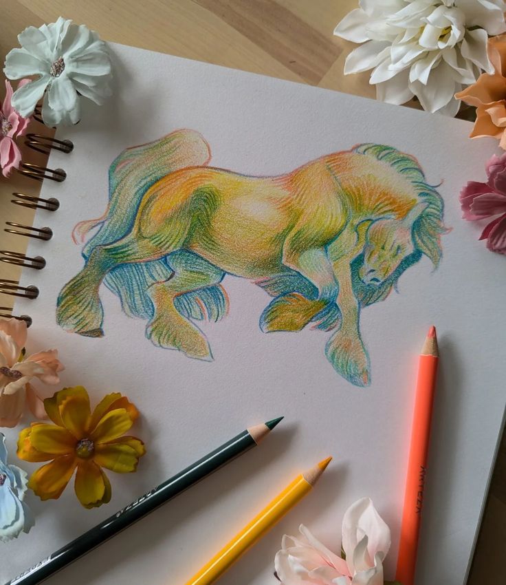 a drawing of a dog with flowers and pencils next to it