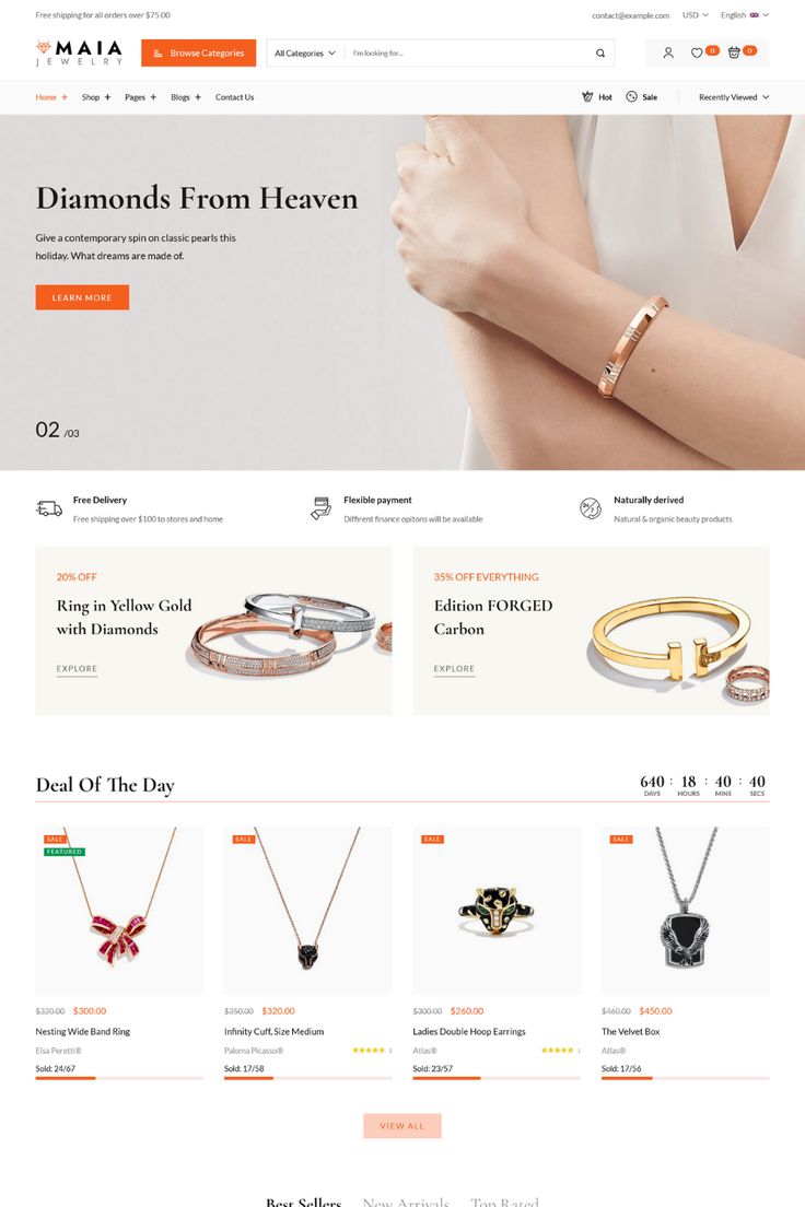 a website page with jewelry items displayed on the front and back pages, including bracelets