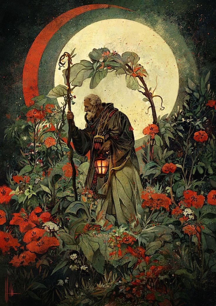 a painting of a man holding a lantern in the middle of flowers with a full moon behind him